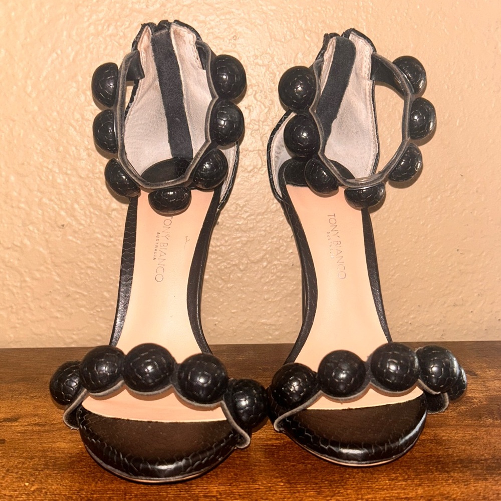 Tony Bianco black leather heels w Bauble embellishments.